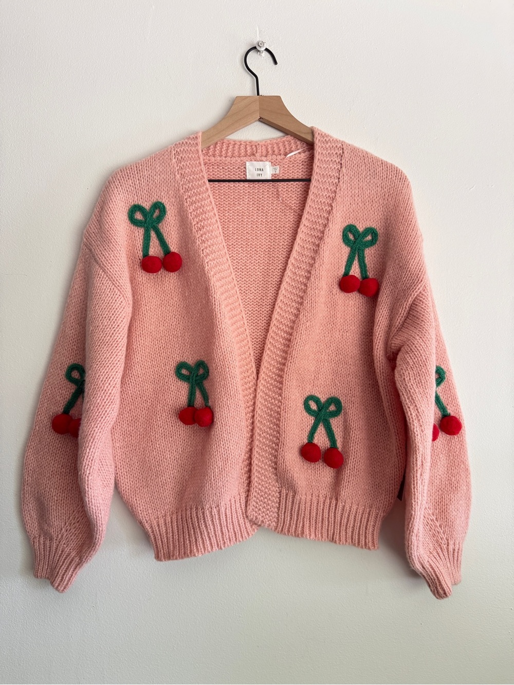 NWT Luna Ivy x Anthropologie 3D Cherry Peach Pink Chunky Cardigan Sweater Size S